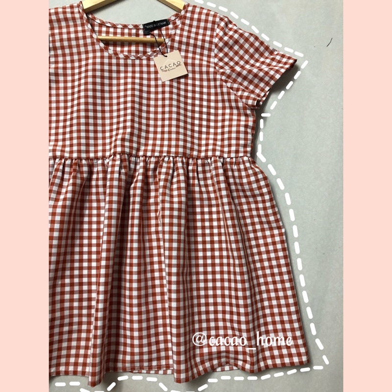 Áo babydoll caro tay ngắn xinh xắn tặng kèm scrunchie cùng màu