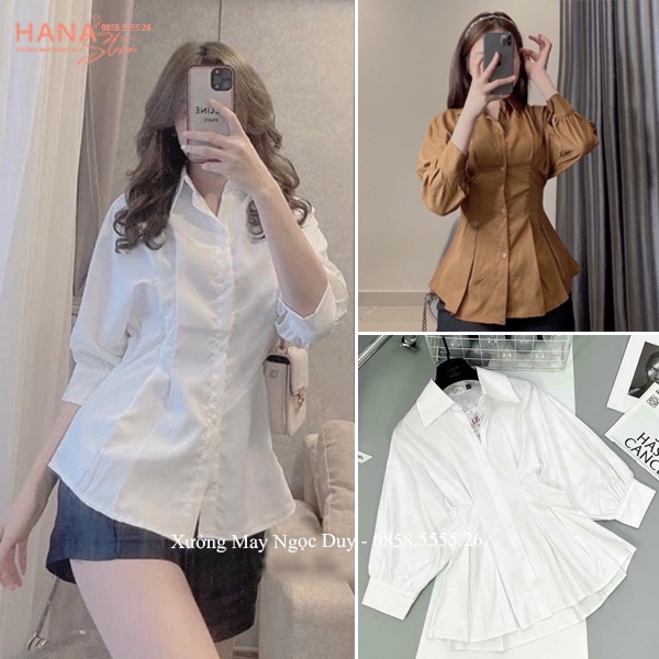 Áo sơ mi chiết eo nữ tay lỡ bồng xếp ly tôn dáng - Áo sơ mi nữ tay phồng tiểu thư bo chiết eo cổ V bẻ đi học làm công sở