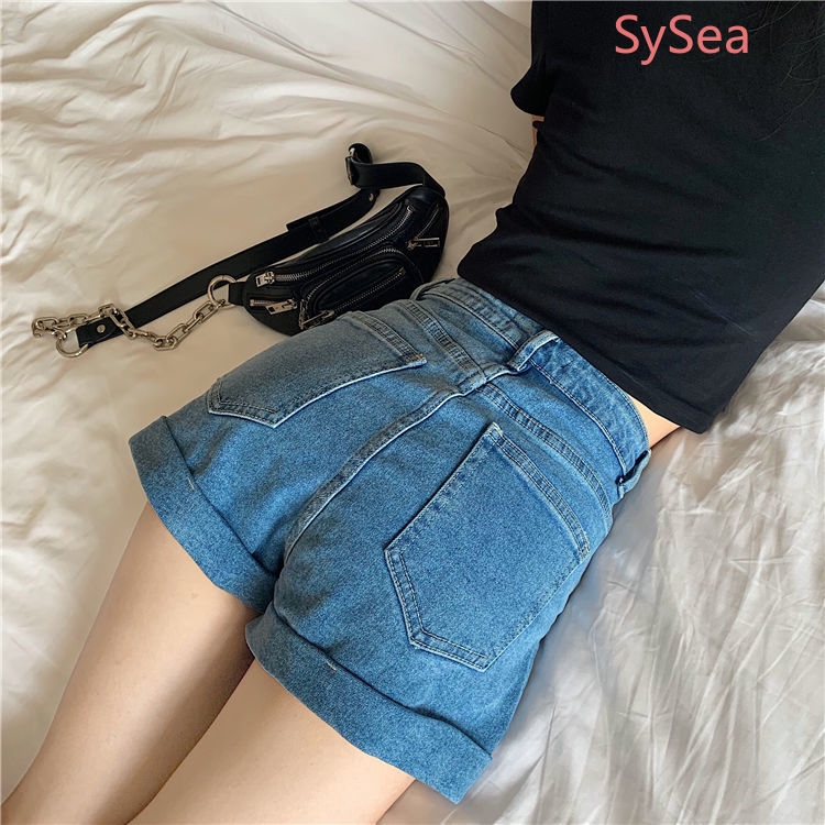 Quần Short Denim Lưng Cao Ống Rộng Phong Cách Retro