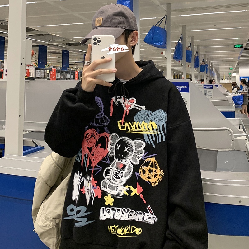Áo Hoodie Tay Dài Cổ Tròn Dáng Rộng Họa Tiết Graffiti Phong Cách Hip Hop Cá Tính Thời Trang Xuân Thu Mới 2021 Cho Nam