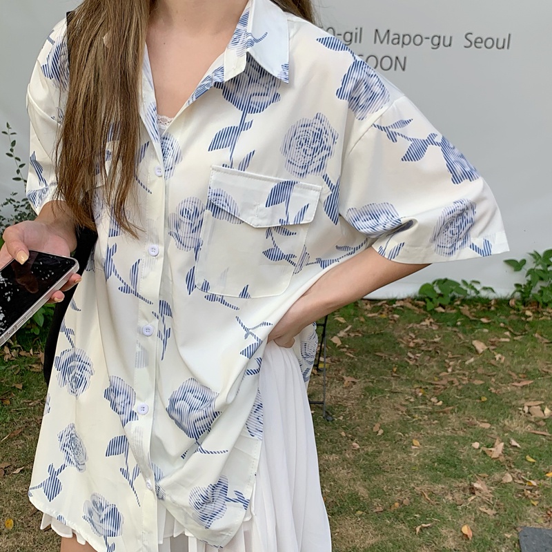 SUXI Áo sơ mi tay ngắn dáng rộng in hoa kiểu retro Hàn Quốc thời trang mùa hè cho nữ