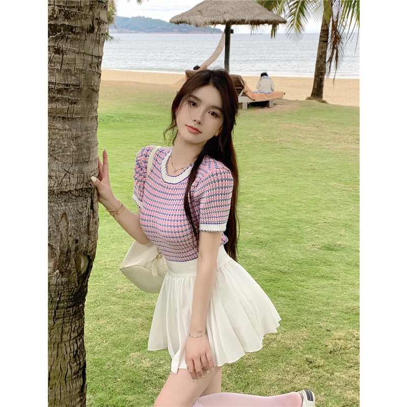 Áo Thun Dệt Kim Tay Ngắn Họa Tiết Kẻ Sọc Màu Sắc Tương Phản Phong Cách Hàn Quốc Thời Trang Mùa Hè Cho Nữ