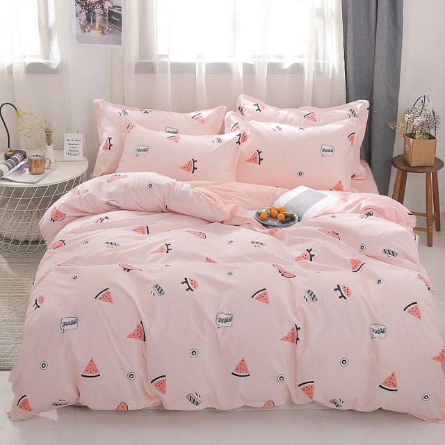 Chăn ga gối cotton poly 4 món họa tiết xinh xắn đáng yêu, chăn ga Hàn Quốc miễn phí bo chun drap ga giường