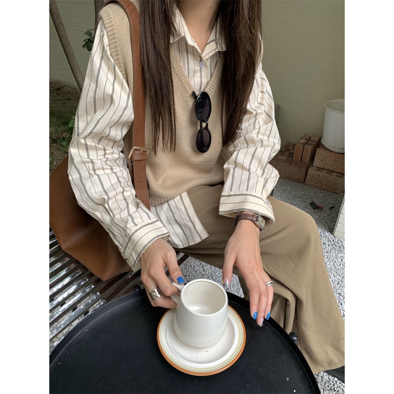 Set áo sơ mi kẻ sọc dài tay + áo len cổ chữ V phong cách Hàn Quốc retro  mới cho nữ