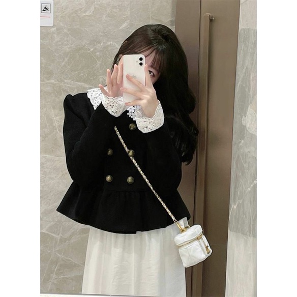 Set Dạ Áo Khoác Viền Cổ Ren Kèm Chân Váy Voan Bèo Phong Cách Hàn Quốc  ❤️
