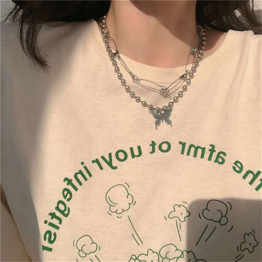 1PCS Fashion Punk Women Girl Double Layer Detachable Pin Butterfly Pendant Chain Necklace Clavicle Chain Choker