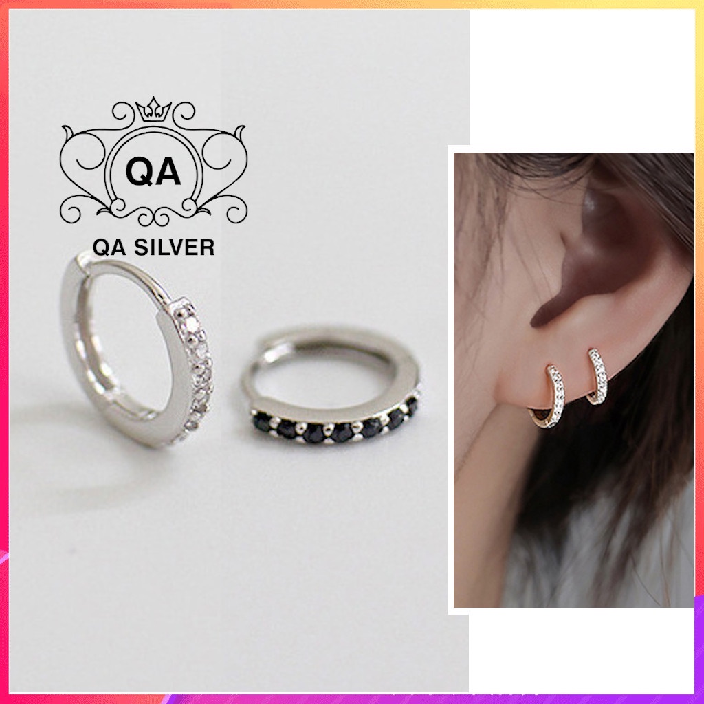 Khuyên tai bạc 925 tròn khảm đính đá đen trắng bông nam nữ S925 CIRCLE Silver Earrings QA SILVER EA191001