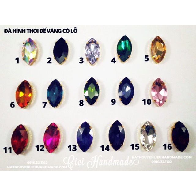 Set 5 hạt Đá đính kết hình thoi đế vàng size 17x32mm size đại Cici Handmade chuyên hạt đá hạt pha lê hạt cườm