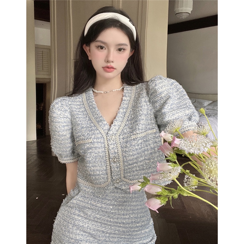 Set váy nữ áo croptop tiêu thư sang chảnh Hàn Quốc mùa hè dạ tweed SVN004