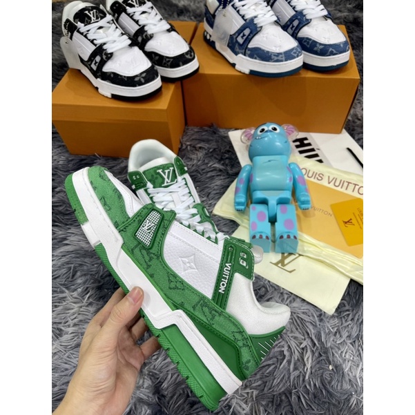 Giầy Thể Thao Louis Vuitton LV Trainer Monogram Denim White Green Xanh Trắng -Vải Bò- Đen Best Siêu Cấp Dế Khâu