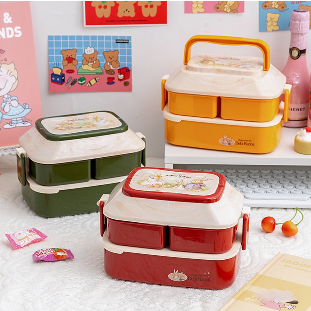 Hộp Đựng Cơm Phong Cách Hàn Quốc, Thiết Kế Đặc Biệt 2 Tầng, 3 Ngăn Tiện Lợi có sẵn