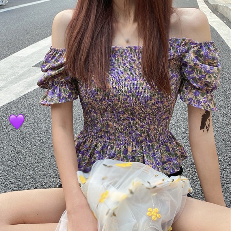 Áo Kiểu Trễ Vai Tay Ngắn Hoạ Tiết Hoa Phong Cách Hàn Quốc