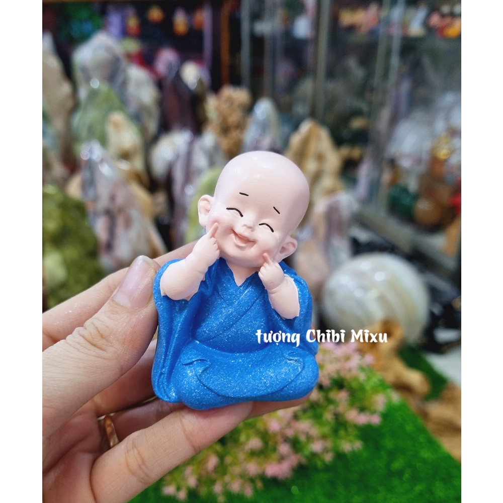 Bộ 03 chú tiểu Tam Không nhí áo xanh dương 7cm kèm chân đế và chậu hoa sen y hình