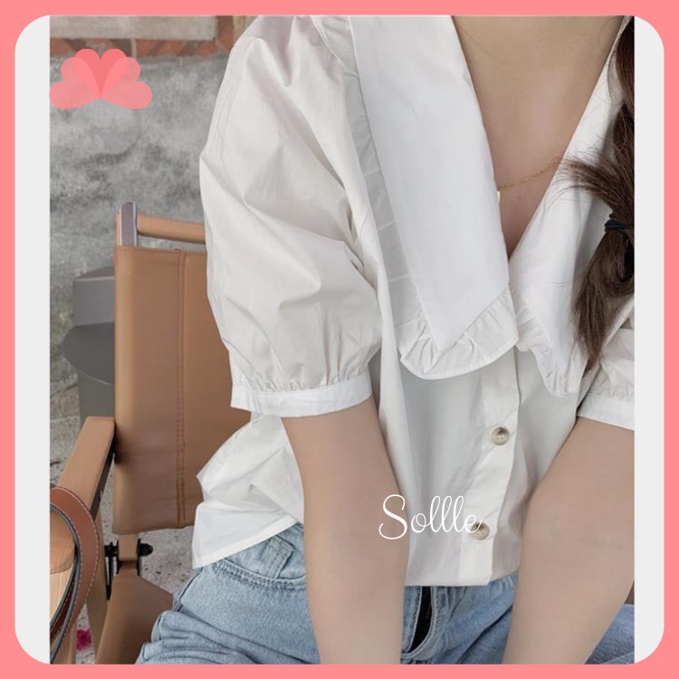 Áo sơ mi nữ cổ sen trắng ngắn tay đi học Hàn Quốc Sollle ASM002T