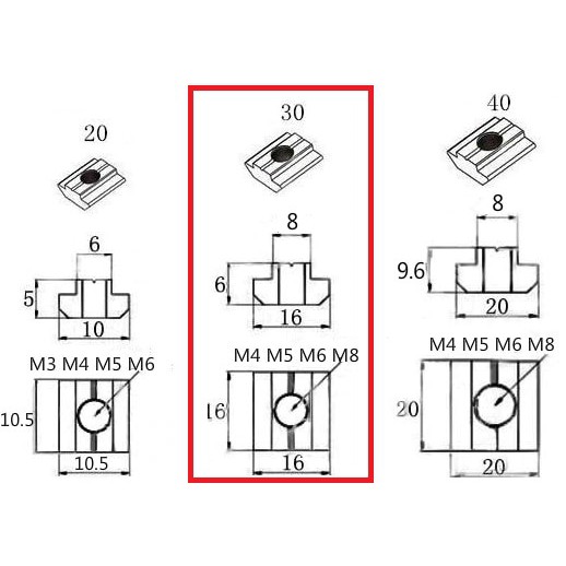 10 con tán T luồn cho nhôm định hình 3030