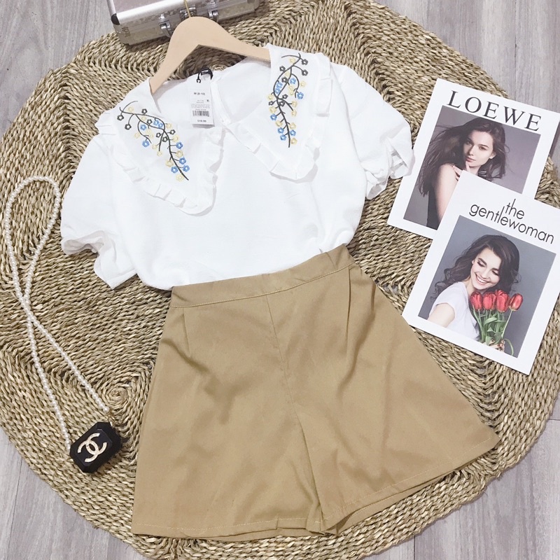 Set bộ sơ mi đũi trắng cổ thêu hoa mix sooc kaki nâu be