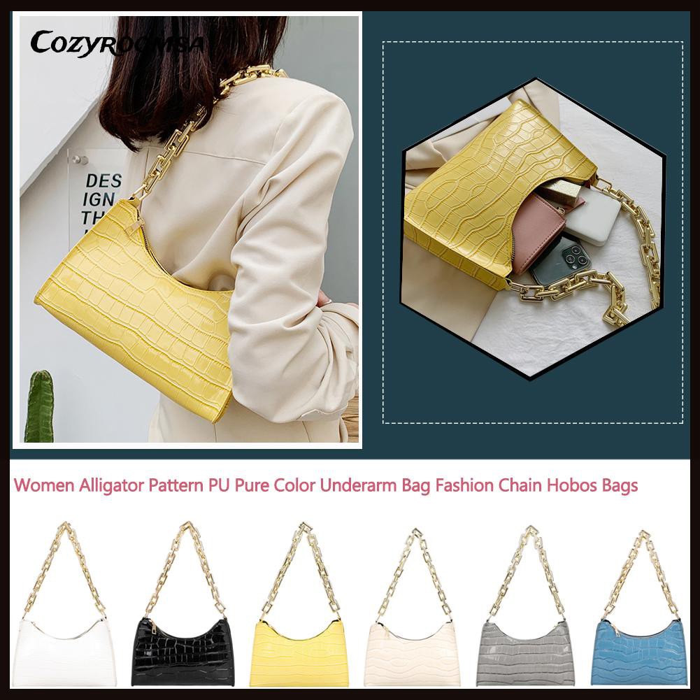 Túi xách kẹp nách da Pu họa tiết da cá sấu màu trơn phối dây xích thời trang cho nữ