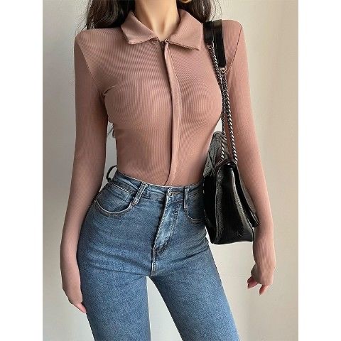 Bộ Áo Liền Quần Tay Dài Dáng Ôm Có Khóa Kéo Thời Trang Hàn Quốc Quyến Rũ Cho Nữ