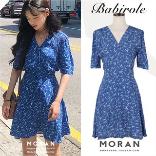 Váy hoa MORAN màu xanh thắt eo cổ V (Order) - Có ảnh thật