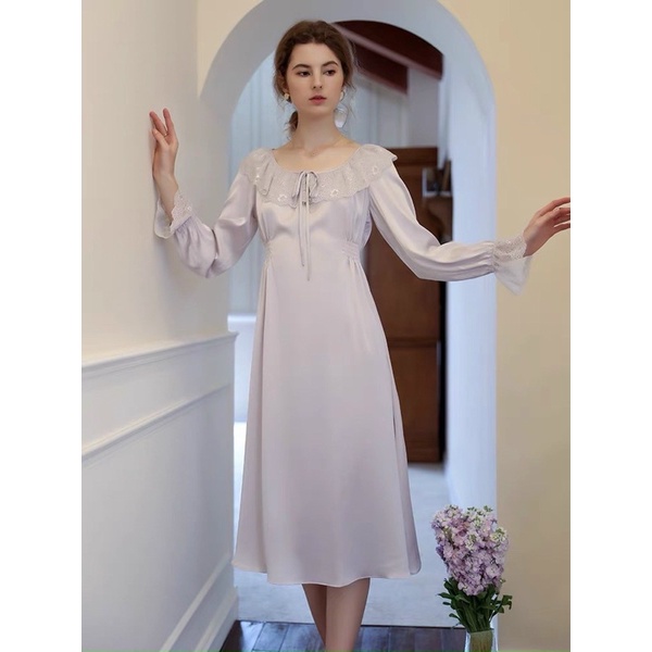 ĐẦM TIỂU THƯ SATIN LỤA CAO CẤP CHUN EO TÍM
