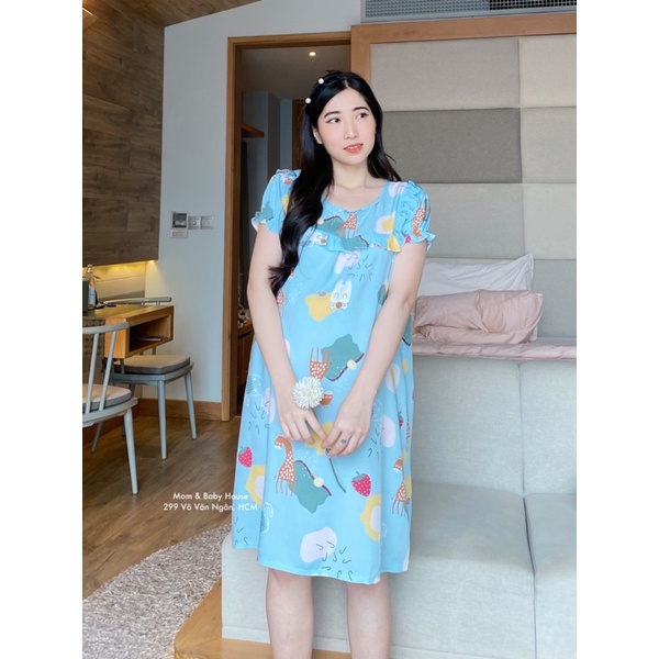 Đầm bầu tôn 2 da thái viền bèo ngực mặc nhà cả bầu và sau sinh mềm mát