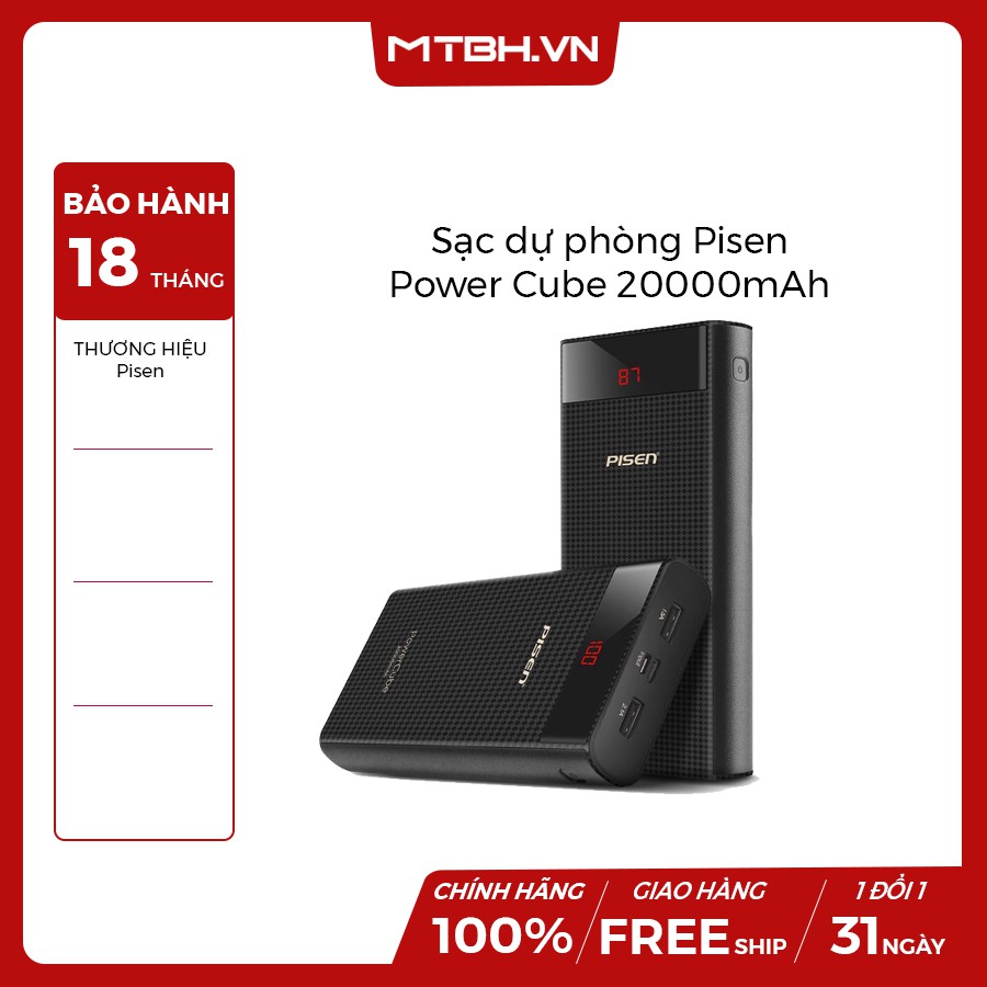 Sạc dự phòng Pisen Power Cube 20000mAh ( Type-C, 2x USB Smart ) Black