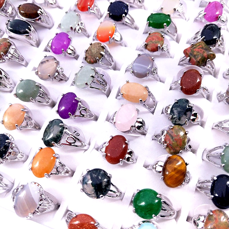 Bán Sỉ 100 Chiếc Nhẫn Đá Nhiều Màu Sắc Hỗn Hợp Thời Trang Làm Quà Tặng Trang Sức Kèm Hộp Trưng Bày Dành Cho Bạn Nữ