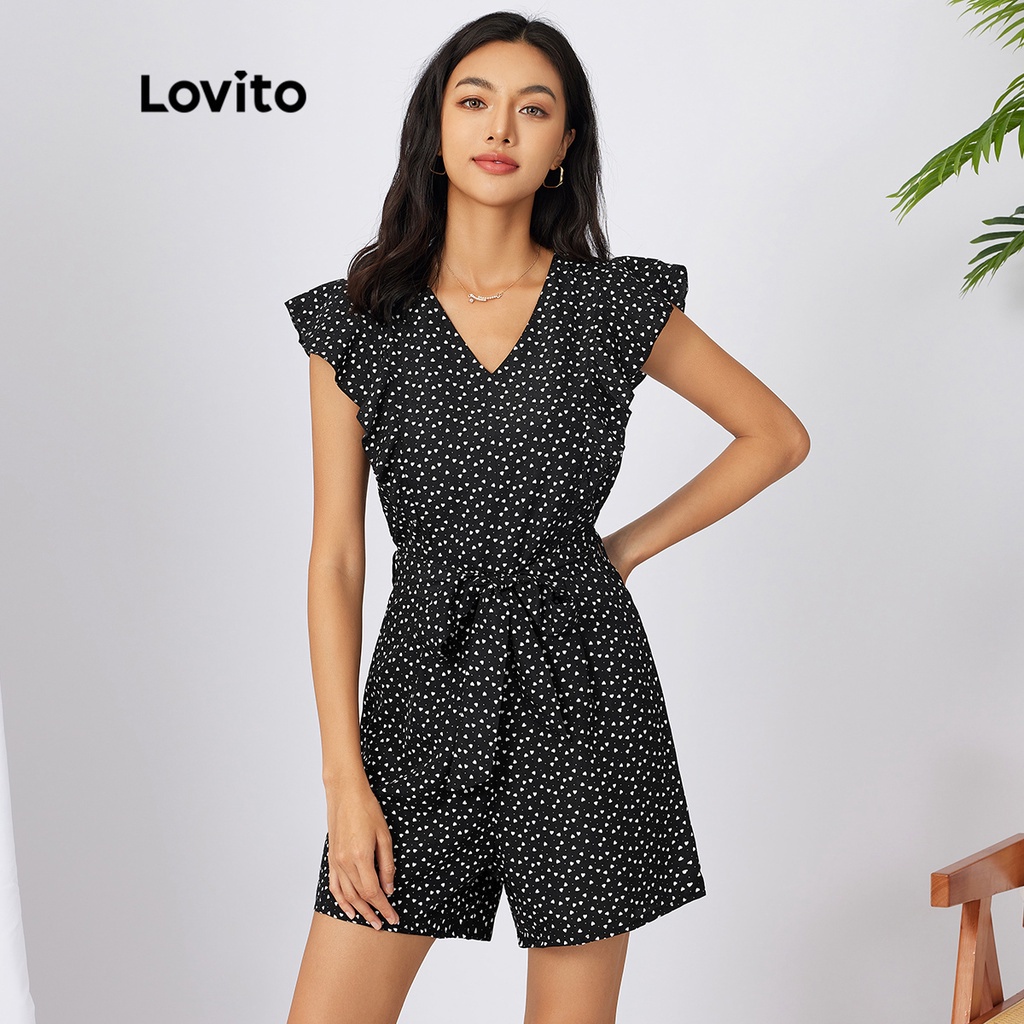 Áo liền quần Lovito tay cánh tiên có thắt lưng L21AS075 (Đen)