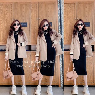 Set vest nâu tây 2 lớp, váy len ôm body xẻ đen sang chảnh thảo xinh shop