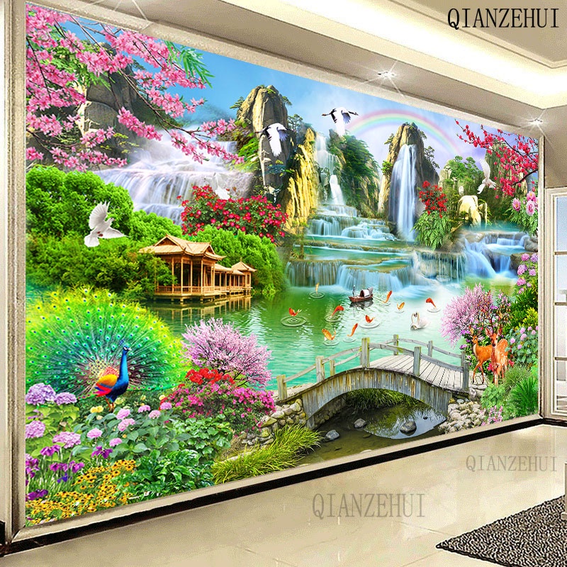 Bộ Tranh Đính Đá Tự Làm Hình Phong Cảnh Núi Và Chim Công
