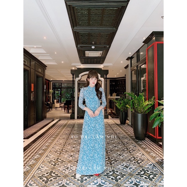 Áo dài truyền thống Hoa nhí 4 tà cao cấp màu Xanh - Mã HN18