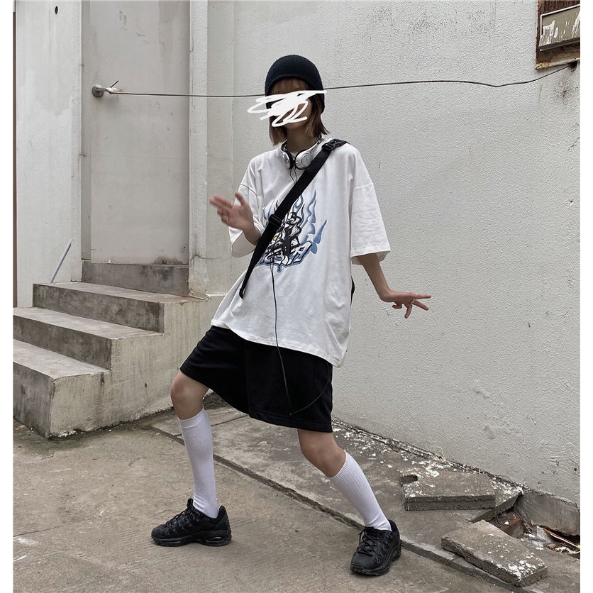 Áo thun 173314 tay lỡ dáng rộng họa tiết ngọn lửa xanh dương cá tính phong cách đường phố dễ phối đồ