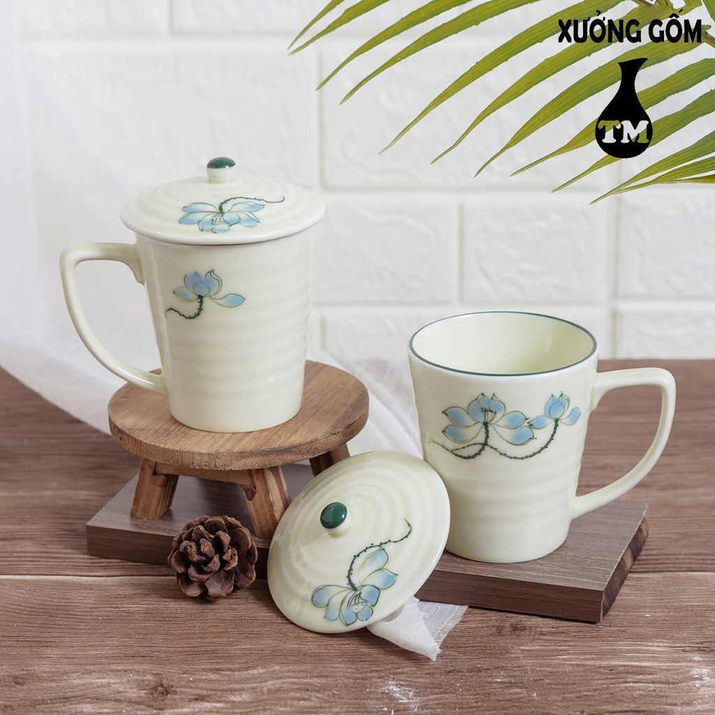 Combo Cốc Ly Uống Nước Có Nắp Họa Tiết Vẽ Tay 350ml Xưởng Gốm TM Bát Tràng
