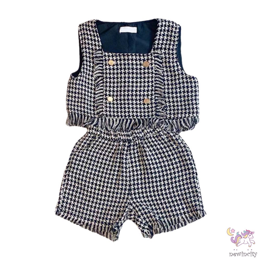 Bộ áo sát nách + quần short kẻ sọc phối tua rua thời trang thu đông cho bé gái