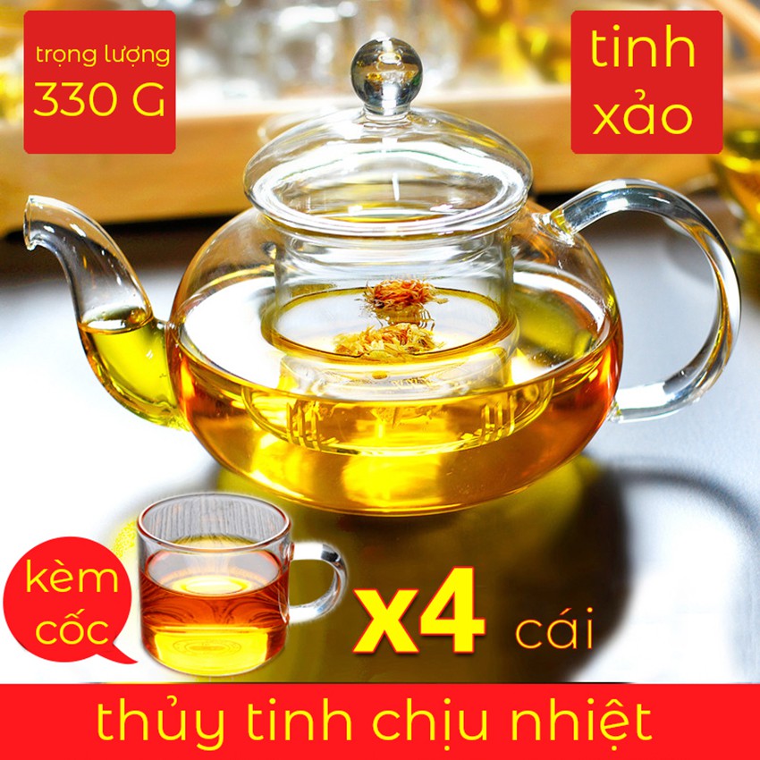 Bộ Ấm Trà Tết Tặng 5 Nến Tealight Bình Trà Hoa Cúc Thủy Tinh 6 Chén Uống Trà Trong Suốt Đế Nến Chịu Nhiệt