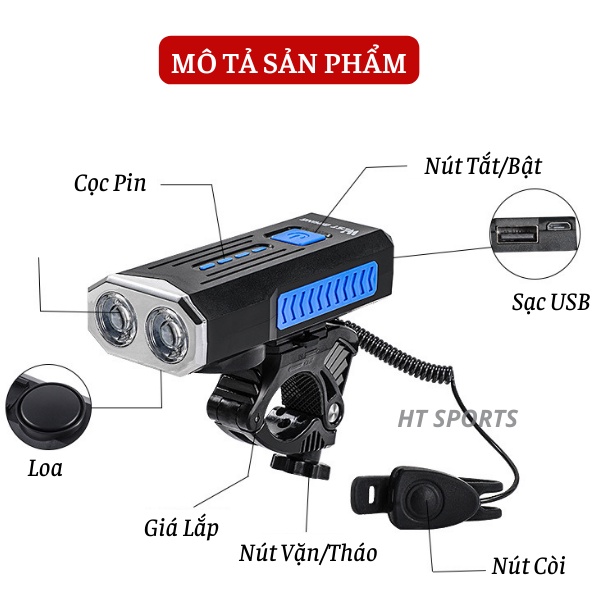 Đèn pha xe đạp thể thao HT Sports siêu sáng 2 Bóng Led nhiều chế độ chống nước còi to tặng kèm sạc pin USB LY22