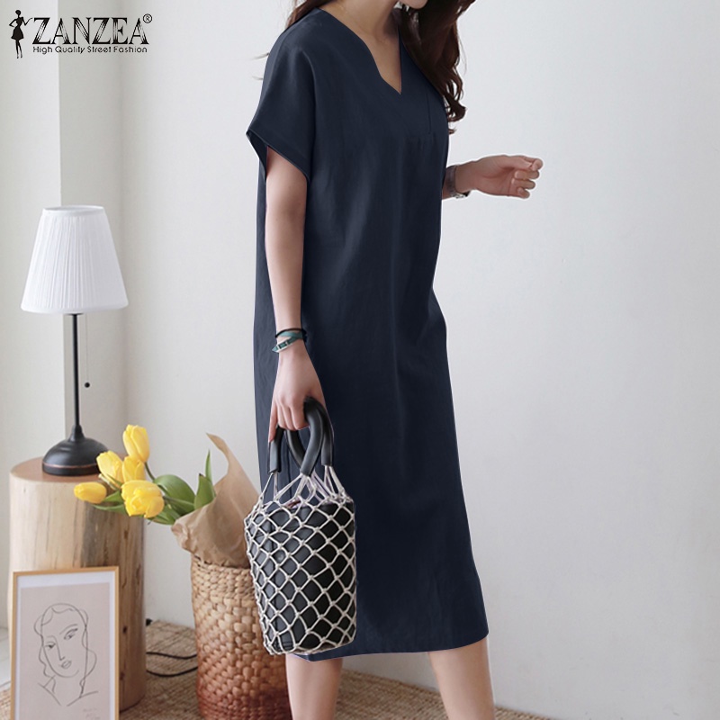 Đầm midi ZANZEA tay ngắn cổ chữ V màu trơn phong cách cổ điển thanh lịch dành cho nữ