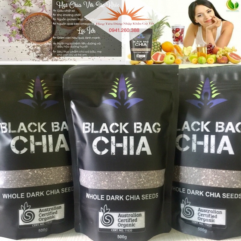 Hạt Chia Úc Organic Black Whole Chia Seed Túi 500g-Hạt Chia Đen Hữu Cơ Giàu Omega 3-Tốt Cho Sức Khoẻ