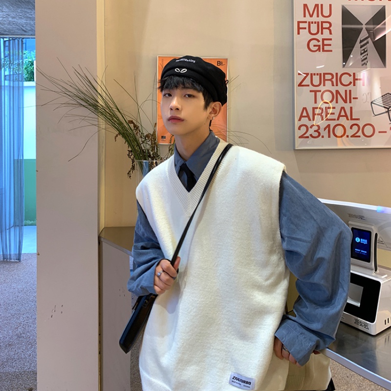 ♞AFF LIGA♞ Áo ghi lê dệt kim cổ chữ V màu trơn phong cách Harajuku Hàn Quốc cổ điển thời trang mùa thu cho nam