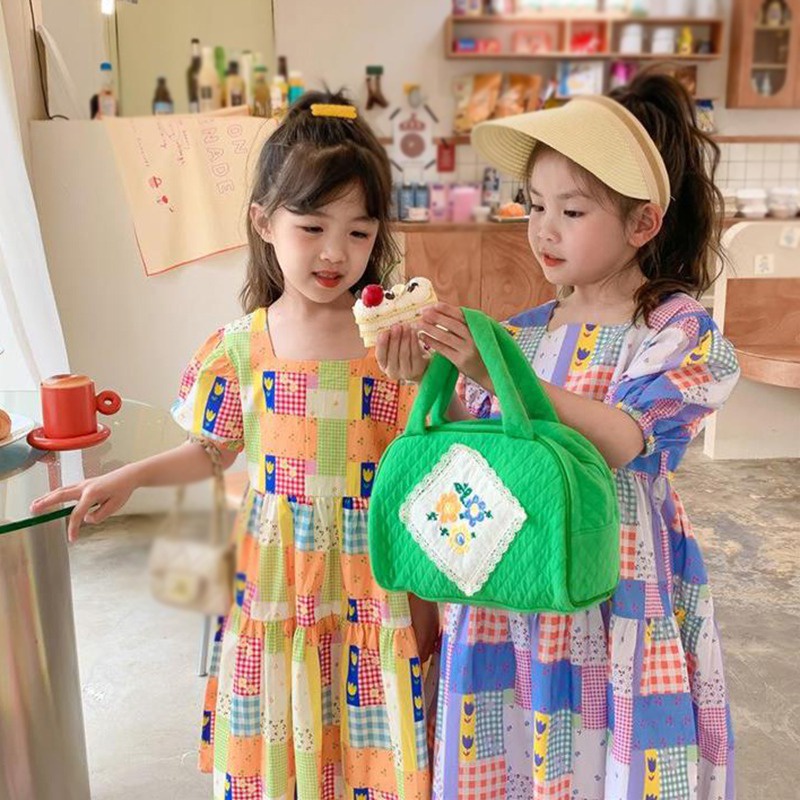 Đầm Tay Phồng Cổ Vuông Họa Tiết Sọc Caro Dễ Thương Phong Cách Hàn Quốc Thời Trang Mùa Hè Cho Bé Gái