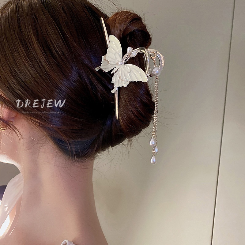 Kẹp Tóc Hình Cánh Bướm Phối Dây Tua Rua Đính Ngọc Trai Xinh Xắn Thời Trang Mùa Hè Cho Nữ