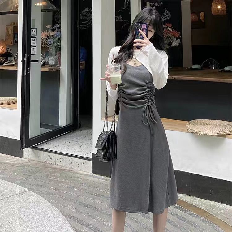 Set Áo Sơ Mi Chống Nắng Hai Dây Và Chân Váy Lưng Cao Thiết Kế Dây Rút Thời Trang Mùa Thu Mới Cho Nữ