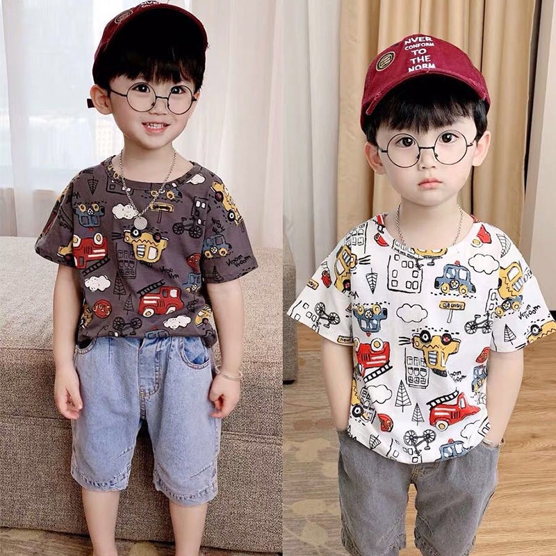 Áo Thun Cotton Ngắn Tay Dáng Rộng In Hoạt Hình Xe Hơi Kiểu Hàn Quốc Cho Bé Trai