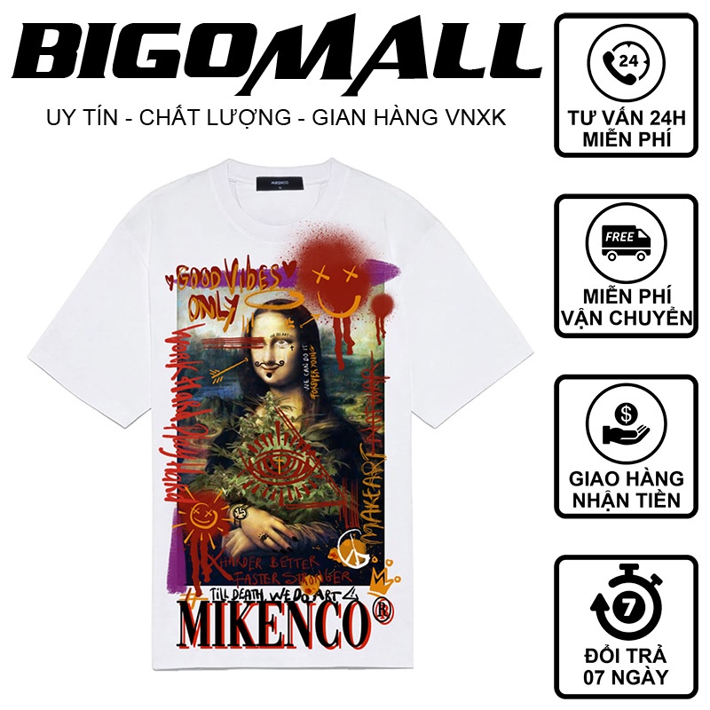 Áo thun tay lỡ Mona Lisa Mặt Mếu BIGOMALL - Áo phông nam nữ unisex form rộng 65kg