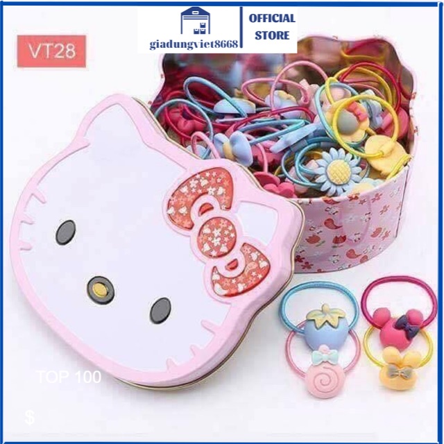 Chun Buộc Tóc Hello Kitty Cho Bé Gái - Hộp Sắt Dây Chun Sợi Dầy