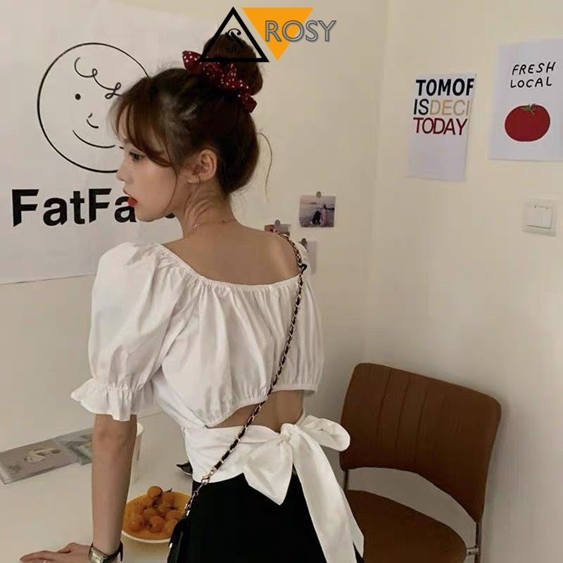 Áo Kiểu Croptop Cột Nơ Sau Lưng Tay Phồng Bánh Bèo Tiểu Thư Crt Trể Vai Cột Nơ Sau Lưng Chất Voan Dáng Babydoll