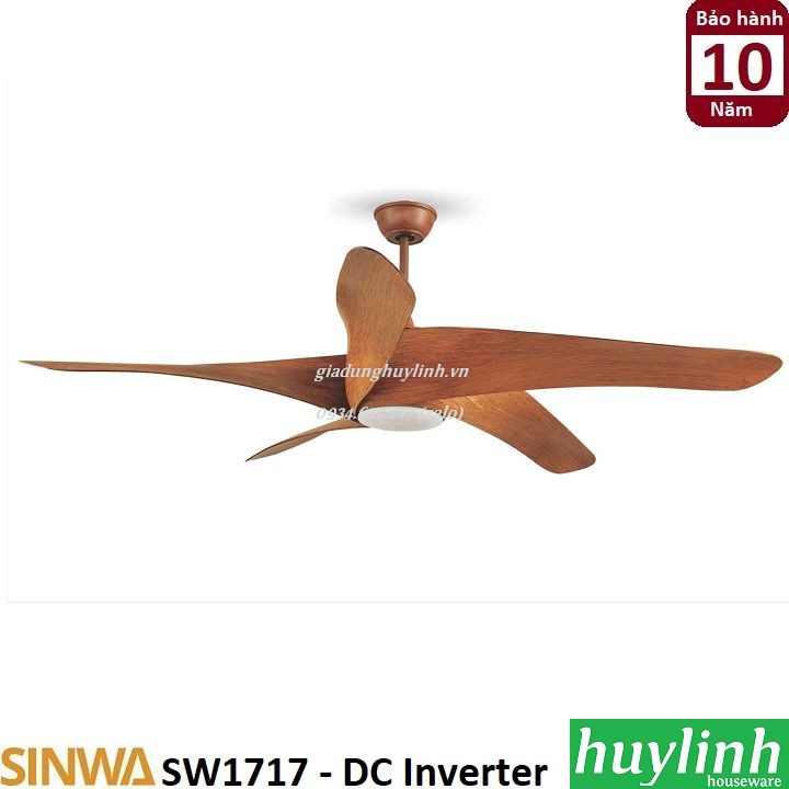 Quạt trần đèn led cánh gỗ phay Sinwa SW1717 - 5 cánh - DC Inverter