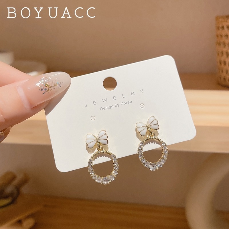 Khuyên Tai Hình Nơ Đính Đá Zircon Phong Cách Hàn Quốc