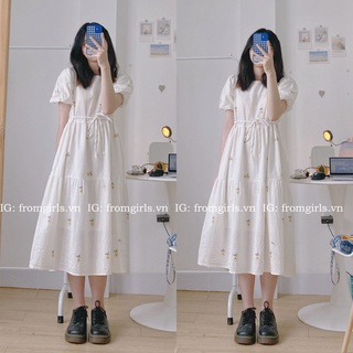 Váy trắng hoa xòe, đầm hoa tay phồng vintage - V60