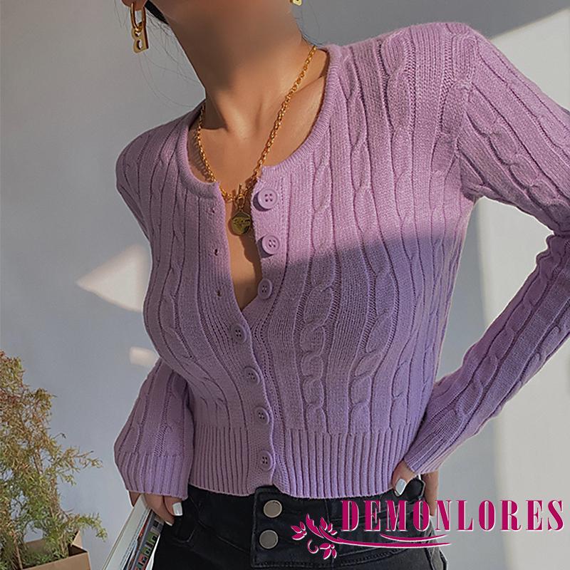 Áo cardigan dệt kim tay dài cổ tròn màu sắc đơn giản dành cho nữ